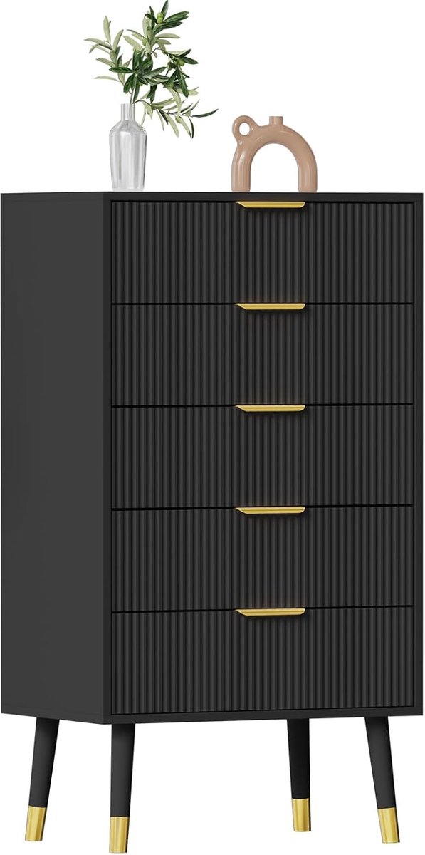 Garvee 5-ladekast voor slaapkamer, moderne kledingkast, ladekast, opbergkast, opbergmeubel, kleine geribbelde nachtkastje voor slaapkamer, zwart