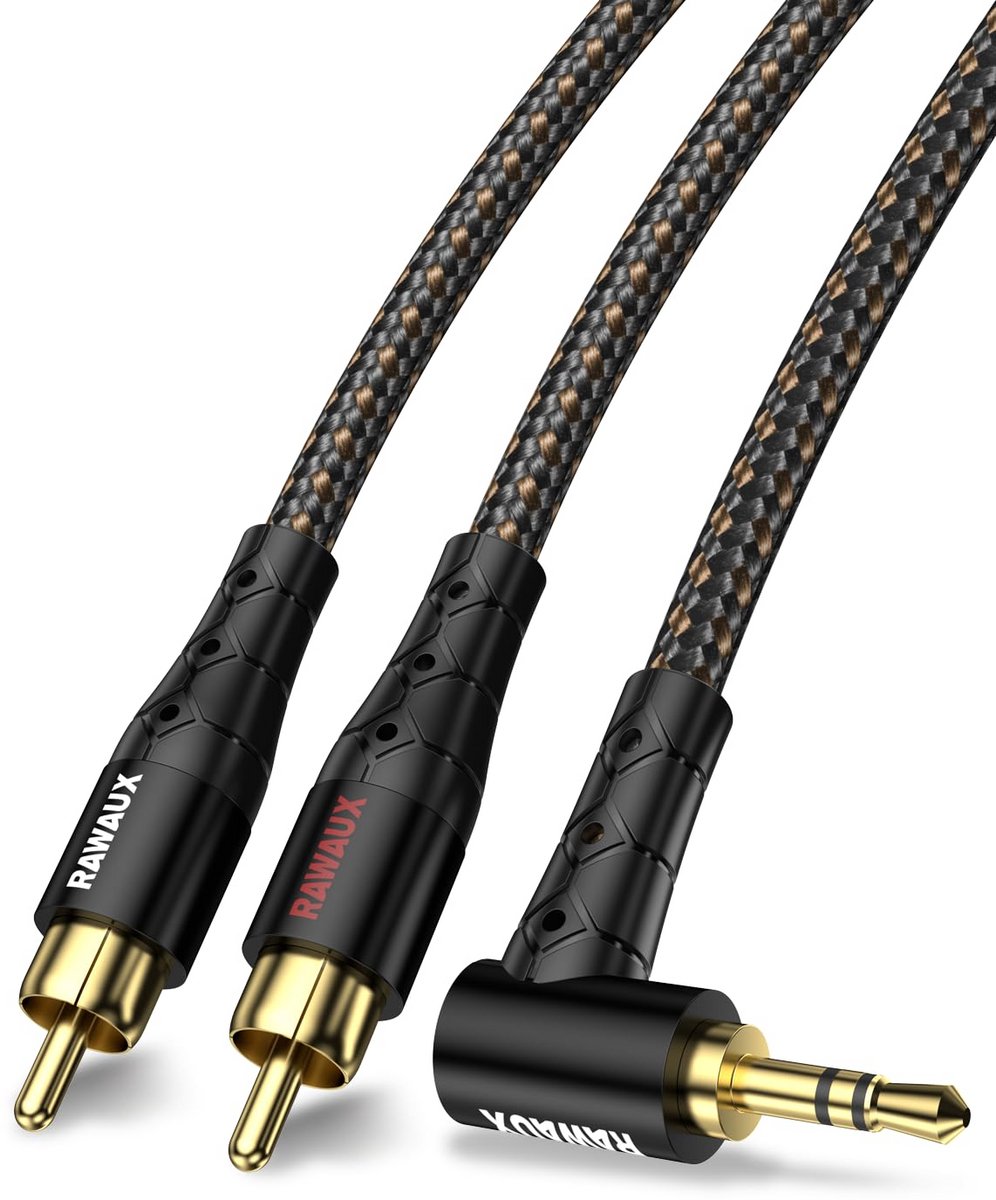 3 Meter 3.5mm Jack naar 2 RCA Audiokabel met 90 Graden Connector - Vergulde Stereokabel