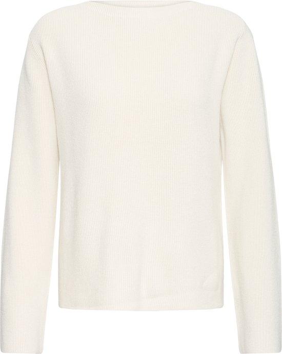 Un pull tricoté blanc cassé à manches longues, vu de face.