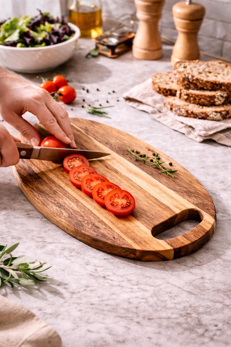 Houten Snijplank voor Keuken en Serveren – Ovaal - Snijplank Acaciahout met Handvat – 30 x 20 x 1,5 cm – Duurzaam en Stevig Acacia Hout — cadeau in Kookcadeaus - foto 4