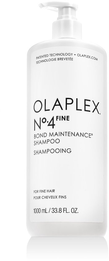 Witte OLAPLEX No.4 Fijn Bond Maintenance Shampoo fles met pompdispenser.