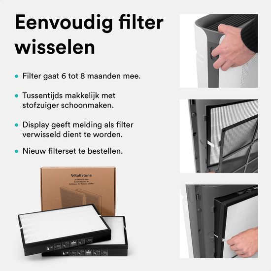 Witte luchtreiniger en filtersets, met tekst 'Eenvoudig filter wisselen'.