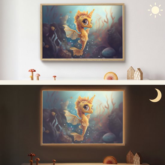 Nachtlampje 90x60 cm - Kinder lamp - Zeepaardje - Onderwater - Zeedieren - Oceaan - Tafellamp kinderkamer draadloos - Slaapkamer lampje - Bedlamp kinderen - Kinderlampje - Wandlamp babykamer - Nachtlampjes van OnlyWow — afbeelding 4