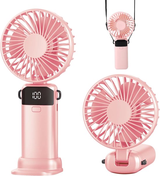 Oplaadbare mini handventilator roze USB, 5 snelheden, LED-display, draagbaar, stil, met voet, voor thuis en buiten