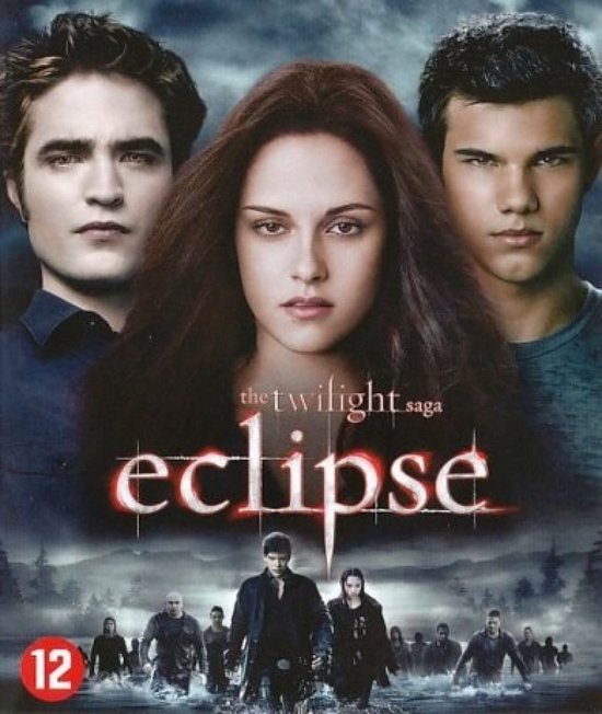 Blu-ray hoes van 'The Twilight Saga: Eclipse' met Bella, Edward en Jacob op de voorgrond. Onderaan een leger.