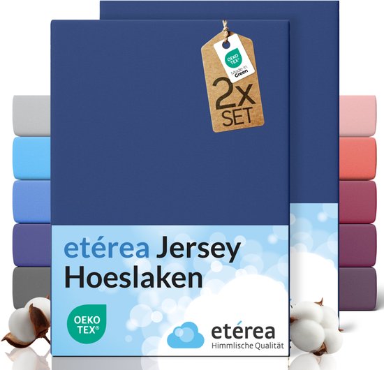 Een stapel marineblauwe jersey hoeslakens, met de tekst 'etérea Jersey Hoeslaken' en een label '2x SET'.