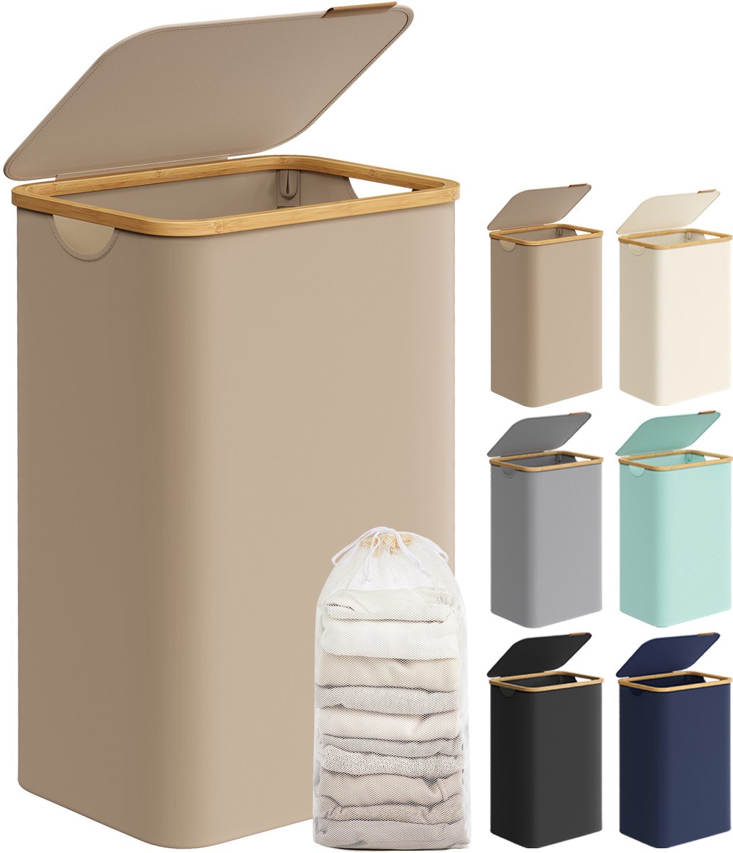 SONGMICS LCB509N01V1 - Wasmand - Opklapbaar Deksel - Afneembare Waszak - Bamboe Handgrepen