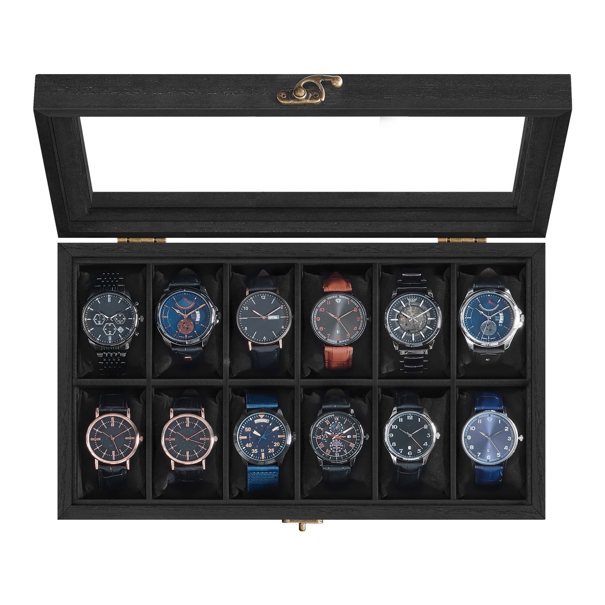 SONGMICS JOW120B02 - Horlogebox met 12 Vakken - Massief Hout - Met Glazen Deksel en Horlogekussens