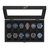 SONGMICS - Horloge Doos - Met 12 Vakken - Massief Hout - Met Glazen Deksel en Horlogekussens