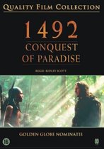 DVD hoes voor "1492 Conquest of Paradise", met Ridley Scott als regisseur. Goudkleurige letters op zwarte achtergrond. Twee mannen in een bosrijke omgeving.