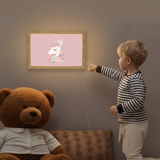 Nachtlampje 30x20 cm - Kinder lamp - Eenhoorn - Roze - Bloemen - Tafellamp kinderkamer - Slaapkamer lamp - Bedlamp kinderen - Kinderlampje stopcontact - Wandlamp babykamer - Nachtlampjes van Merkloos — afbeelding 5