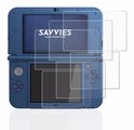 Trois protecteurs d'écran Savvies transparents placés sur une Nintendo 3DS XL bleue.