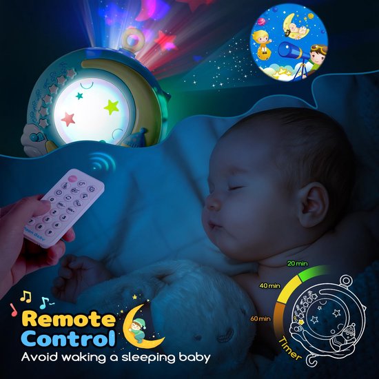 Projector maan-en-sterrenhemel verlicht een slapende baby; met afstandsbediening en timer.