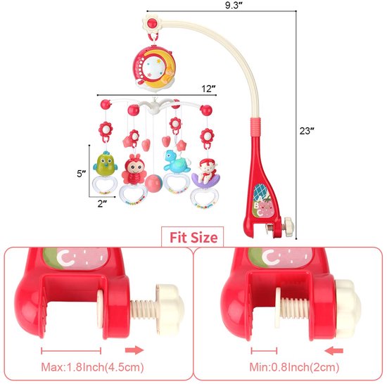 Afmetingen en details van de bevestiging van de babywieg mobiel, met vrolijke hangende figuurtjes.