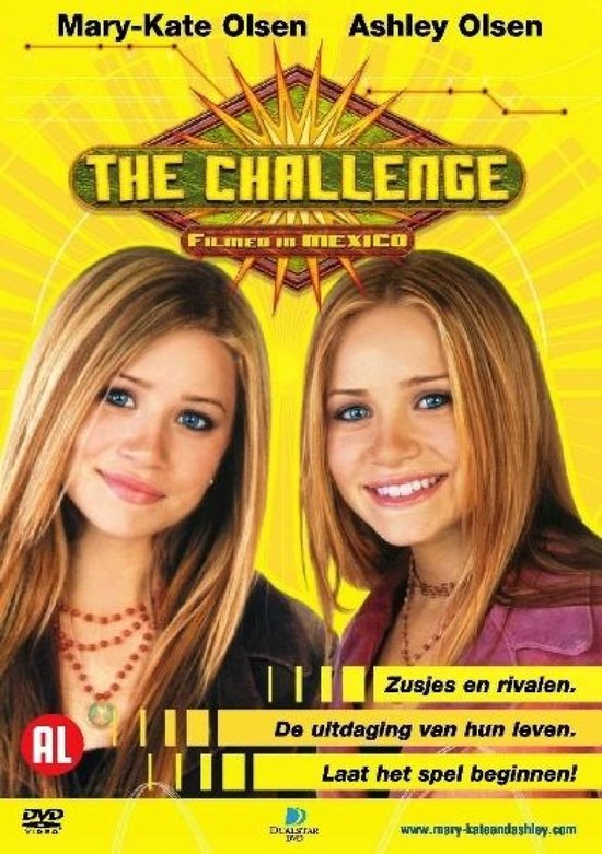 DVD-hoes van 'The Challenge' met close-up van Mary-Kate en Ashley Olsen. Titel 'THE CHALLENGE' en 'FILMED IN MEXICO' in gele letters. Text: Zussen en rivalen.
