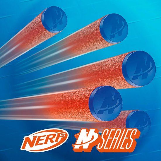 Verschillende oranje Nerf pijltjes met blauwe doppen vliegen op een blauwe achtergrond met lijnen.