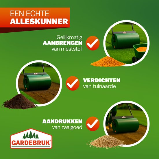 Groene tuinwals gebruikt voor meststof aanbrengen, tuinaarde verdichten en zaaigoed aandrukken.