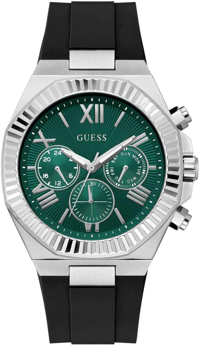 Guess Equity Quartz Analoog Horloge Zwart Kast: 100% Roestvrij Staal | Armband: 100% Siliconen 44 mm GW1011G1, GW1011G2