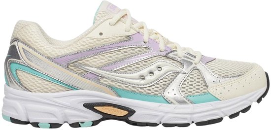 Crèmekleurige Saucony sneaker met paarse, zilveren en turkooise accenten. Sportief ontwerp met mesh.