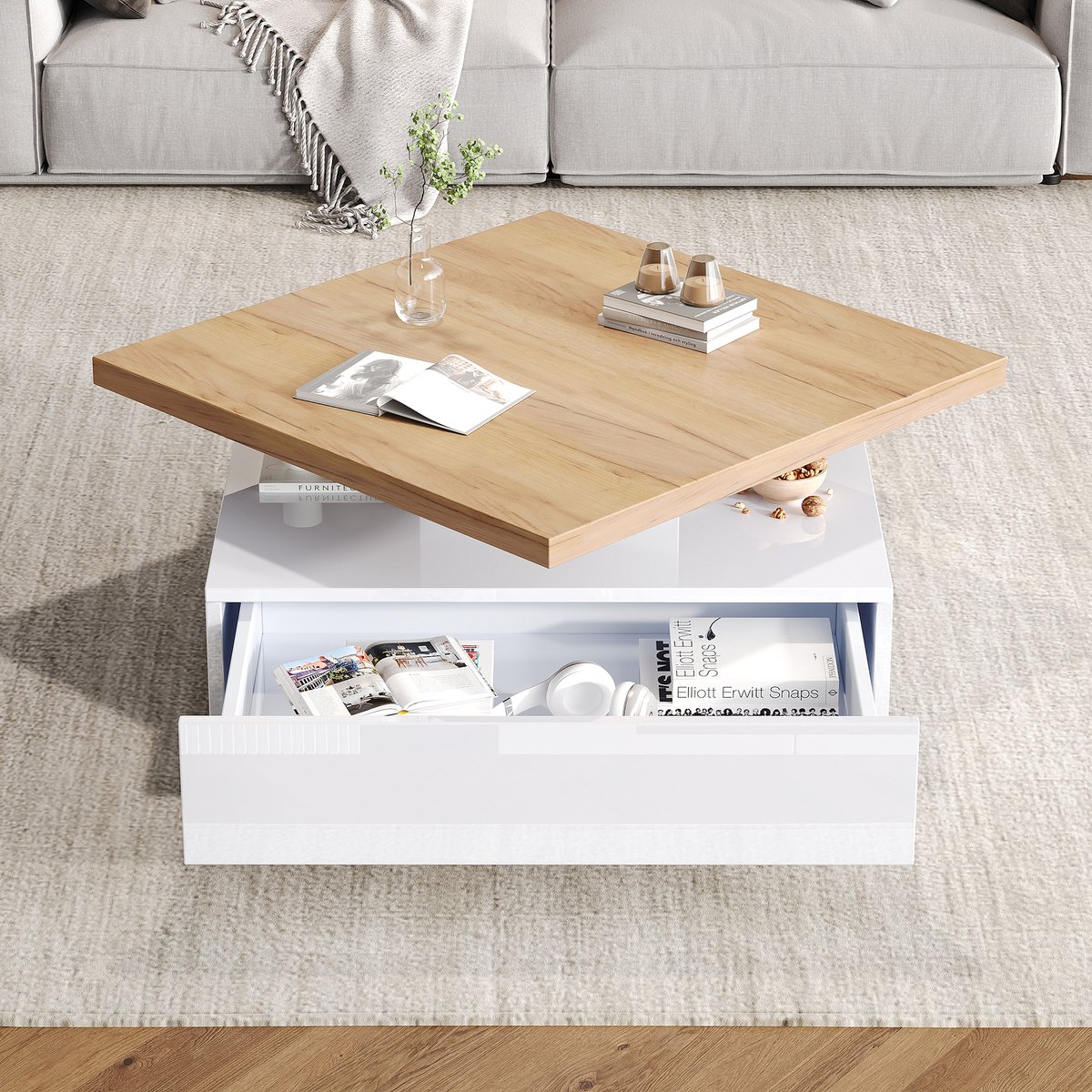 REDOM - Salontafel - 360° Draaibaar Met Lade - Modern - Voor Woonkamer - Spaanplaat - Wit En Walnootkleur - 70 X 70 X 36 Cm