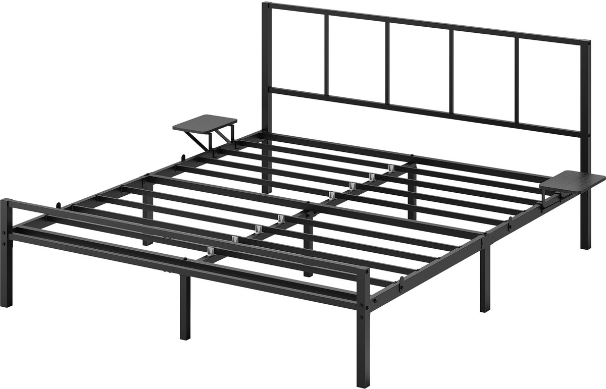 Vasagle Bed - Metalen Bed - Met Hoofdbord - Met Opbergplanken - Modern Design Inktzwart