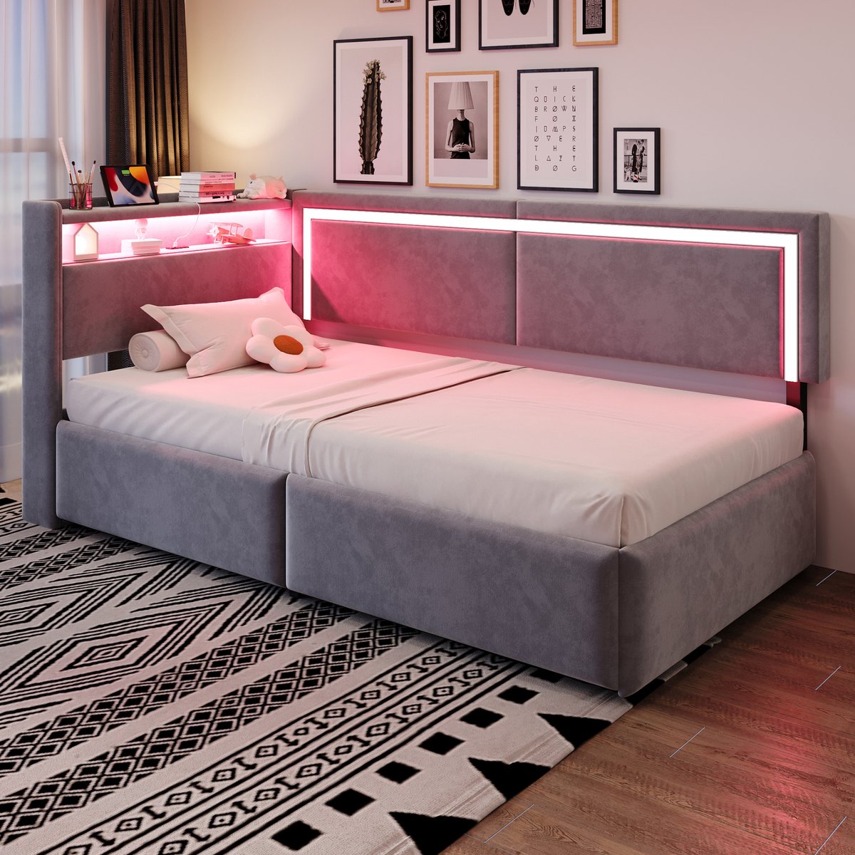 90x200 cm slaapbank - met LED-verlichting en USB-oplaadpoort - met opbergruimte - lichtgrijs - zonder matras