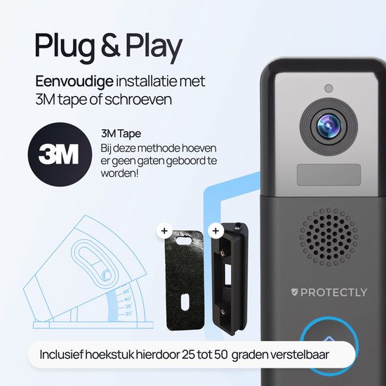 Zwarte deurbel met camera en verstelbare hoekmontagebeugel voor 25-50 graden.
