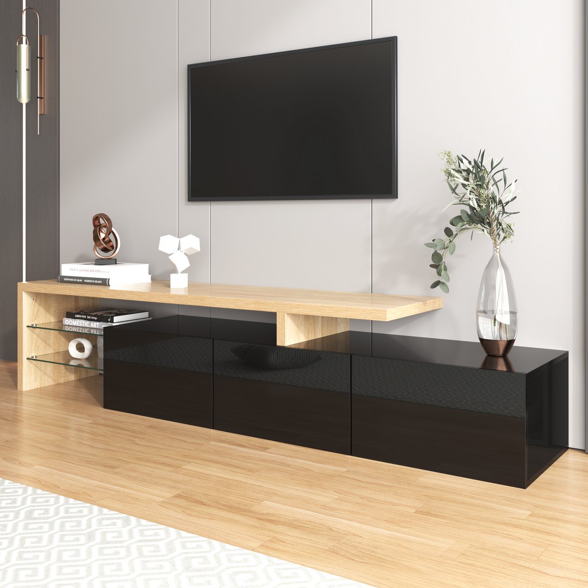 MIVRAY Tv Meubel - Hoogglans Met Ledverlichting En Glazen Planken - Met 3 Kastvakken Voor Woonkamer - MDF Glas - 197,5x39x42 Cm