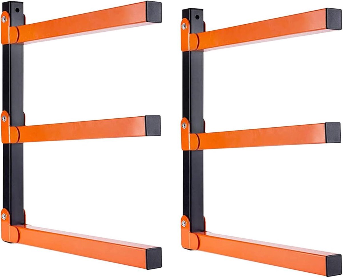 MK Stoer - Wandhouder en organizer - Houten rek - Wandmontage - Houtopslag voor binnen en buiten - Geschikt voor hout - 3 niveaus - Metaal en hout - Brandhoutrek - Wandhouder en houtopslag met 2 stuks