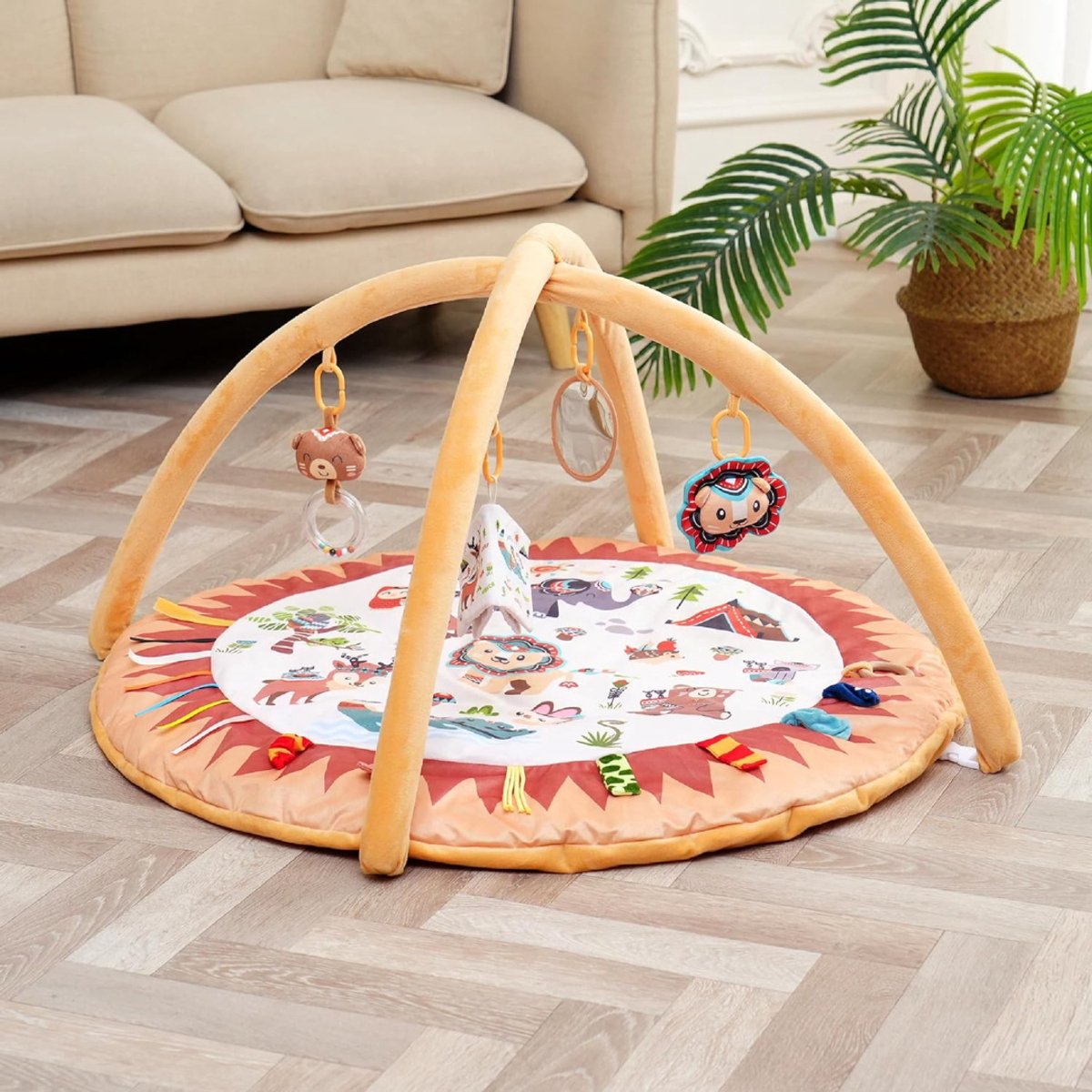 RWB® Speelgoedkleed Baby met Boog - Babygym - Babykleed - 0/12 Maanden - Rammelaars en Bijtring - Bruin - ‎90cm x 90cm x 50cm