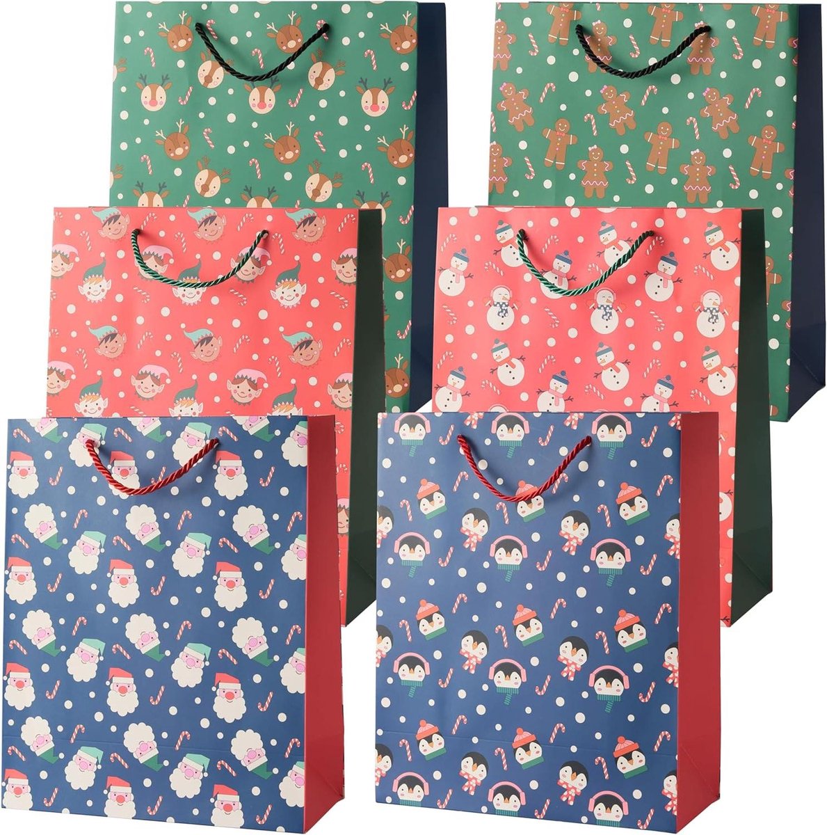 6 Kerstcadeauzakken met Stevige Touwgrepen in Diverse Feestelijke Ontwerpen - Set van 6 - Cadeauzakje Kerst - Afmetingen 32cm x 26cm