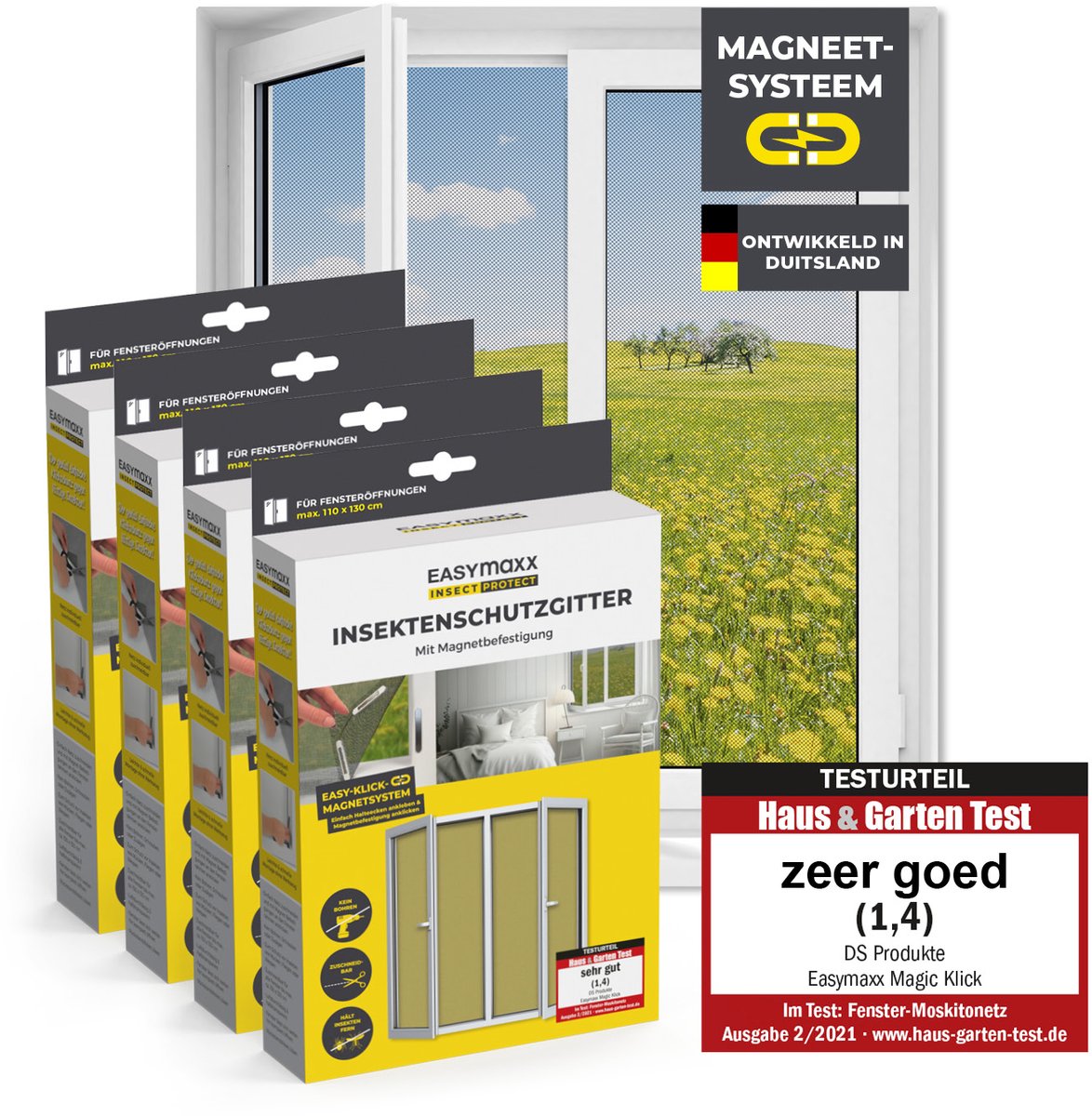 EASYmaxx Insect Protect vliegenhorren voor ramen met magnetische bevestiging | op maat te knippen muskietennet | insectenwering voor ramen tot 110 x 130 cm | muggenwering met magneten - eenvoudige montage, zwart, 4 stuks