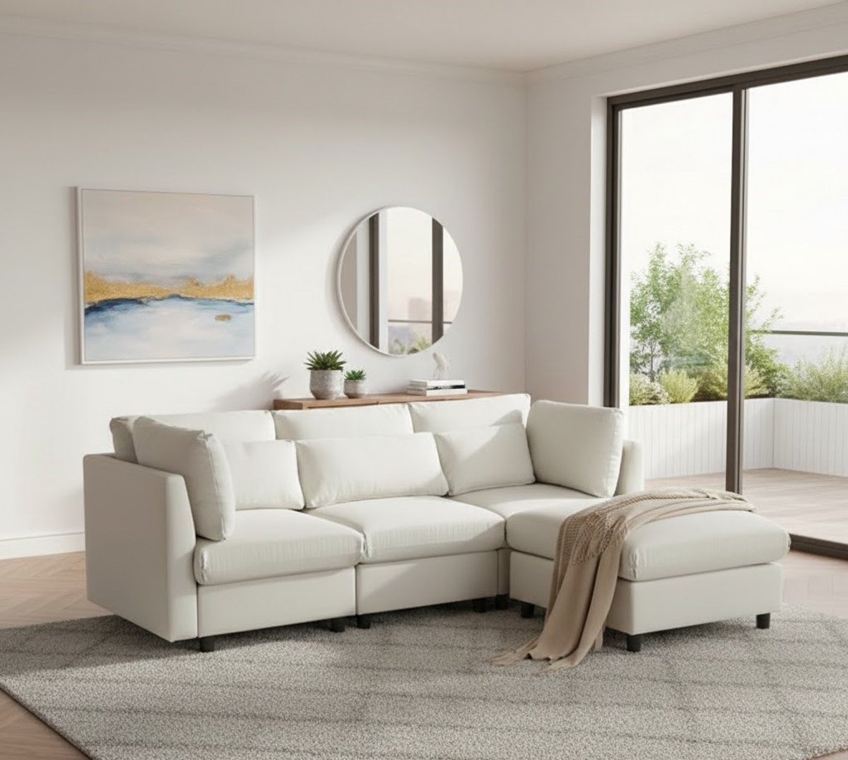Luxe L-vormige Hoekbank met Voetenbank en Kussens – Moderne 3-4 Persoons Woonkamerbank – Beige | House&Garden