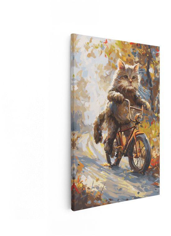 Artaza Canvas Schilderij Kat Op Fiets - 60x90 cm - Wanddecoratie Herfstbos - Muurdecoratie Dieren - Schilderijen Op Canvas
