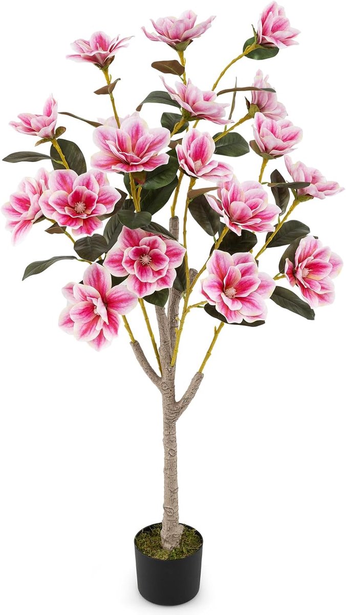 KOMFOTTEU 130 cm Kunstmatige magnolia boom, 130 cm, kunstplant in pot met meerdere takken en bladeren van PEVA, kunstbloemen, roze, decoratieve plant voor ingang, woonkamer, kantoor