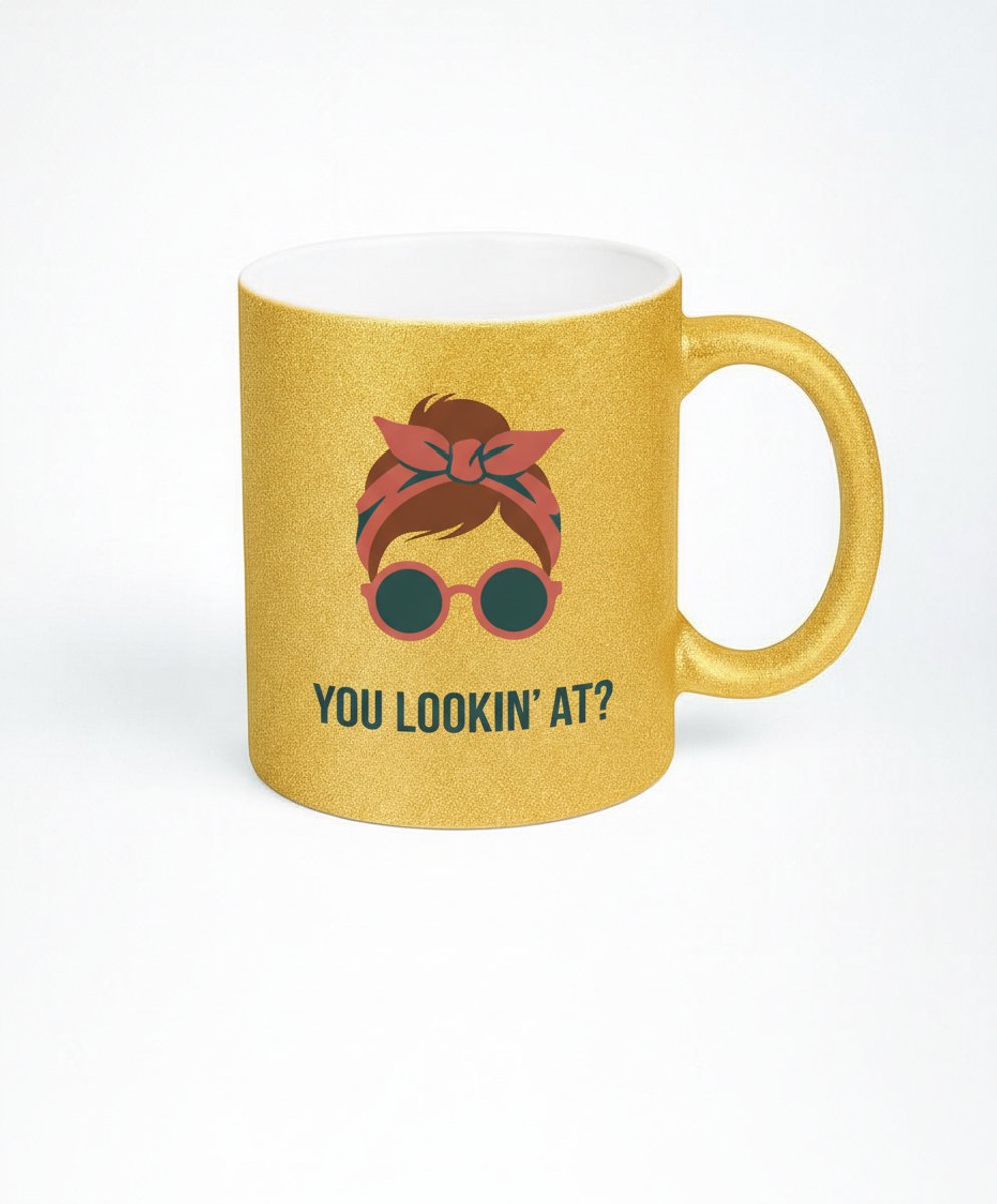 Gouden Glitter Mok - You Lookin' At? - Koffiemok met Attitude