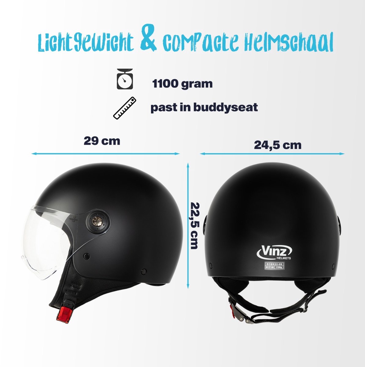 VINZ Duoro Scooterhelm - Motorhelm - Jet Helm voor Vespa, Scooter, Motor Brommer & Snorfiets - Mat Zwart - XXL – foto 5