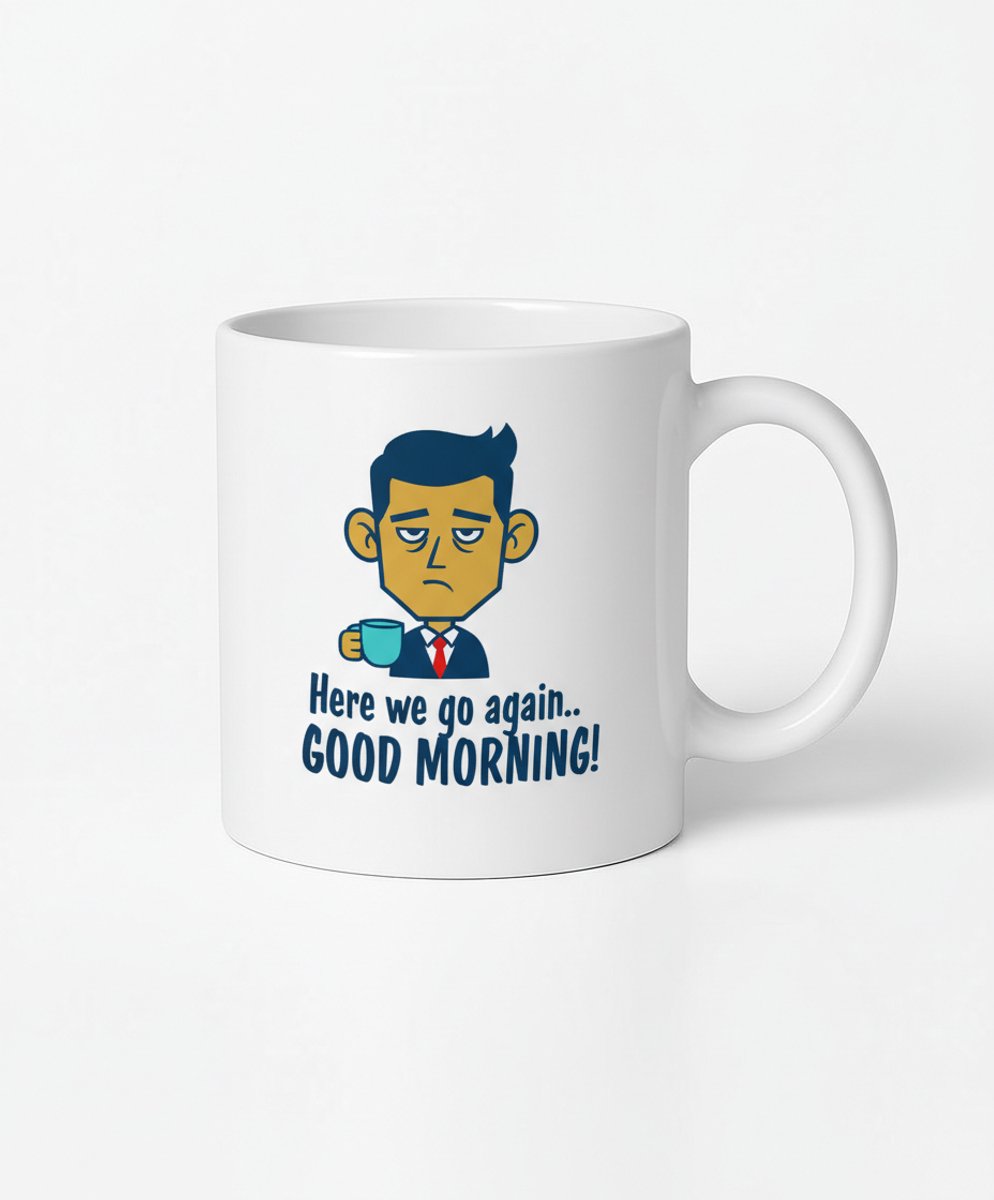Grappige Koffiemok "Here we go again" - Goedemorgen Mok