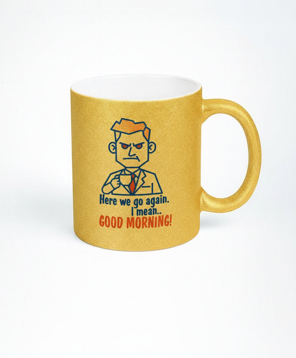 Gouden Glitter Mok - Here We Go Again - Koffiemok met Humor