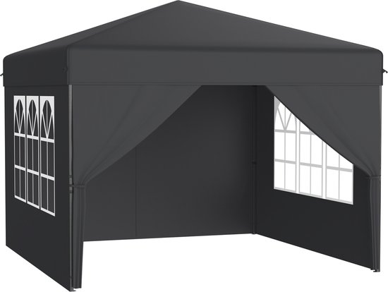 Zwarte partytent op witte achtergrond, met witte raamdetails op de zijwanden.
