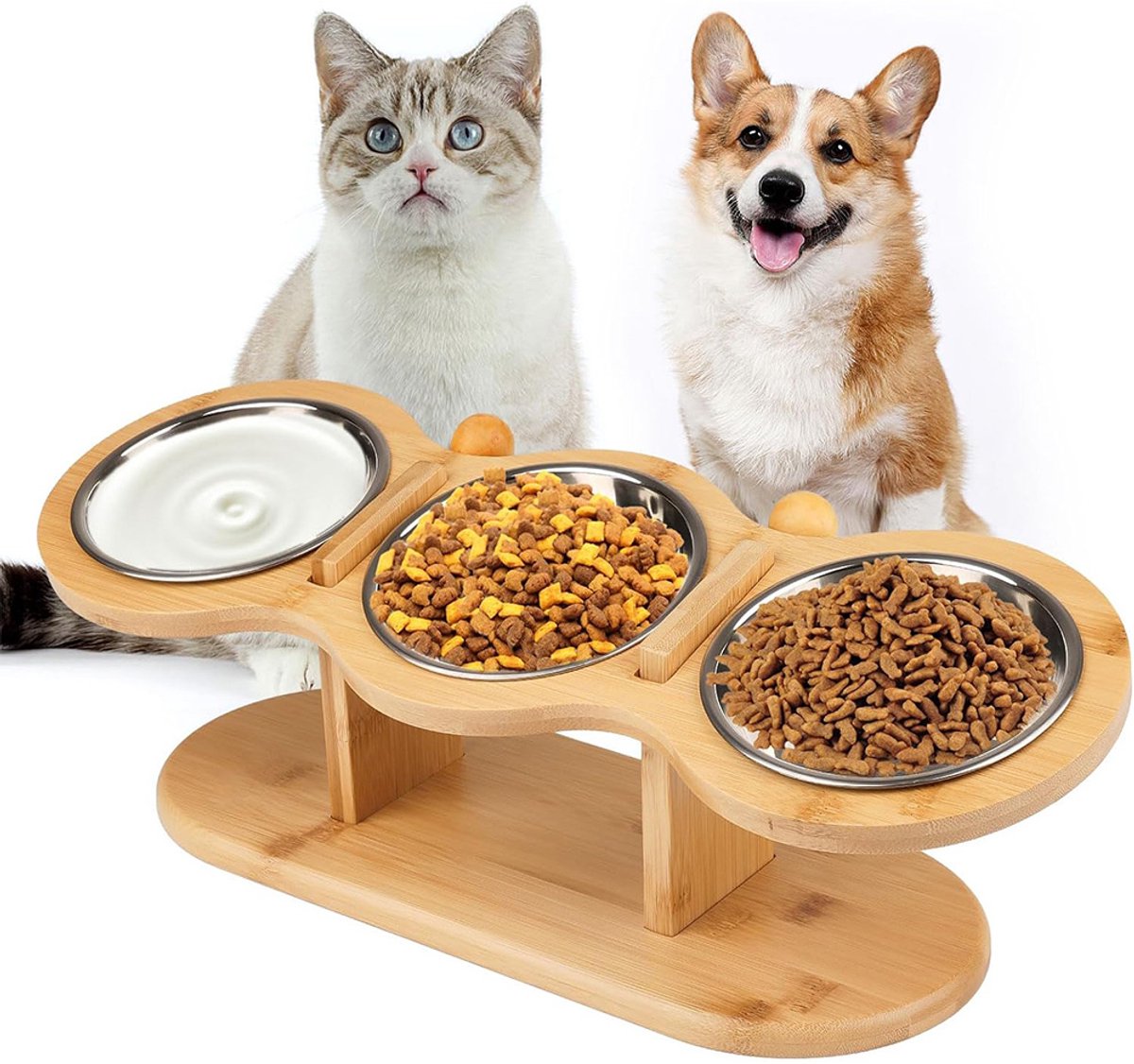 Kattenbak - Verhoogde Voerbak - Kattenvoerstation - Roestvrij Staal Bak - Set van 3 - Hout - Kattenbak - 3-delige Kattenvoerbak - Houtkleur