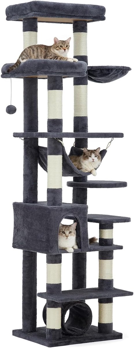 Grote krabpaal 188 cm voor grote katten – donkergrijs klimmeubel met hangmat, tunnel, krabpalen & voerstation