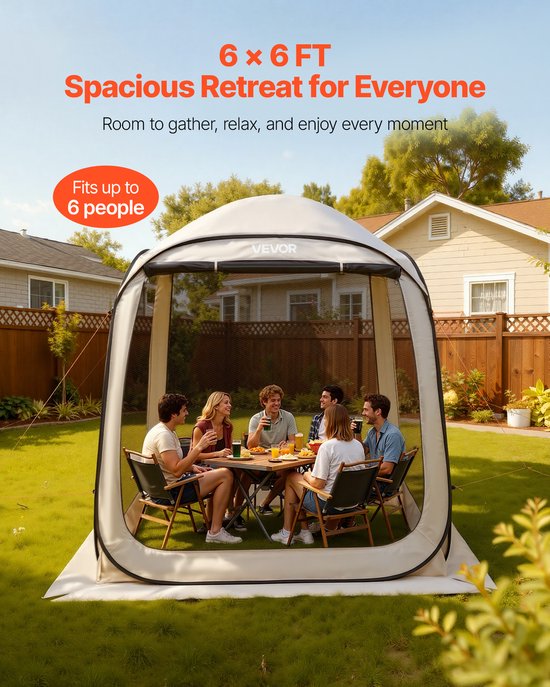VEVOR Campingtent, 182,88 x 182,88 x 219,4 cm, feesttent voor 4-6 personen, pop-up tent met draagtas, gaaswanden en haringen, voor tuin, terras en buitenactiviteiten, beige van Merkloos — afbeelding 4