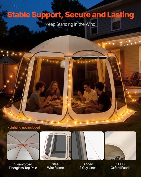 VEVOR Campingtent, 365,76 x 335,28 x 230 cm, pop-up tent met uitschuifbare luifel, partytent voor 10-12 personen, incl. draagtas en gaaswanden, voor terras en buitenactiviteiten, beige van Merkloos — afbeelding 2