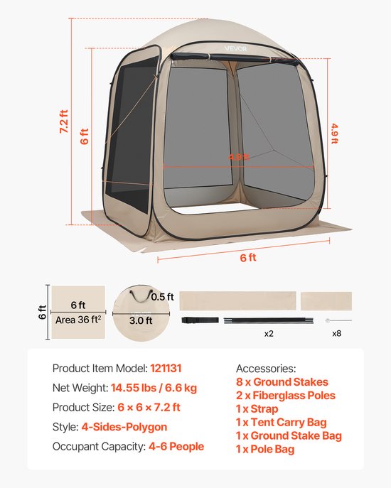 VEVOR Campingtent, 182,88 x 182,88 x 219,4 cm, feesttent voor 4-6 personen, pop-up tent met draagtas, gaaswanden en haringen, voor tuin, terras en buitenactiviteiten, beige van Merkloos — afbeelding 2