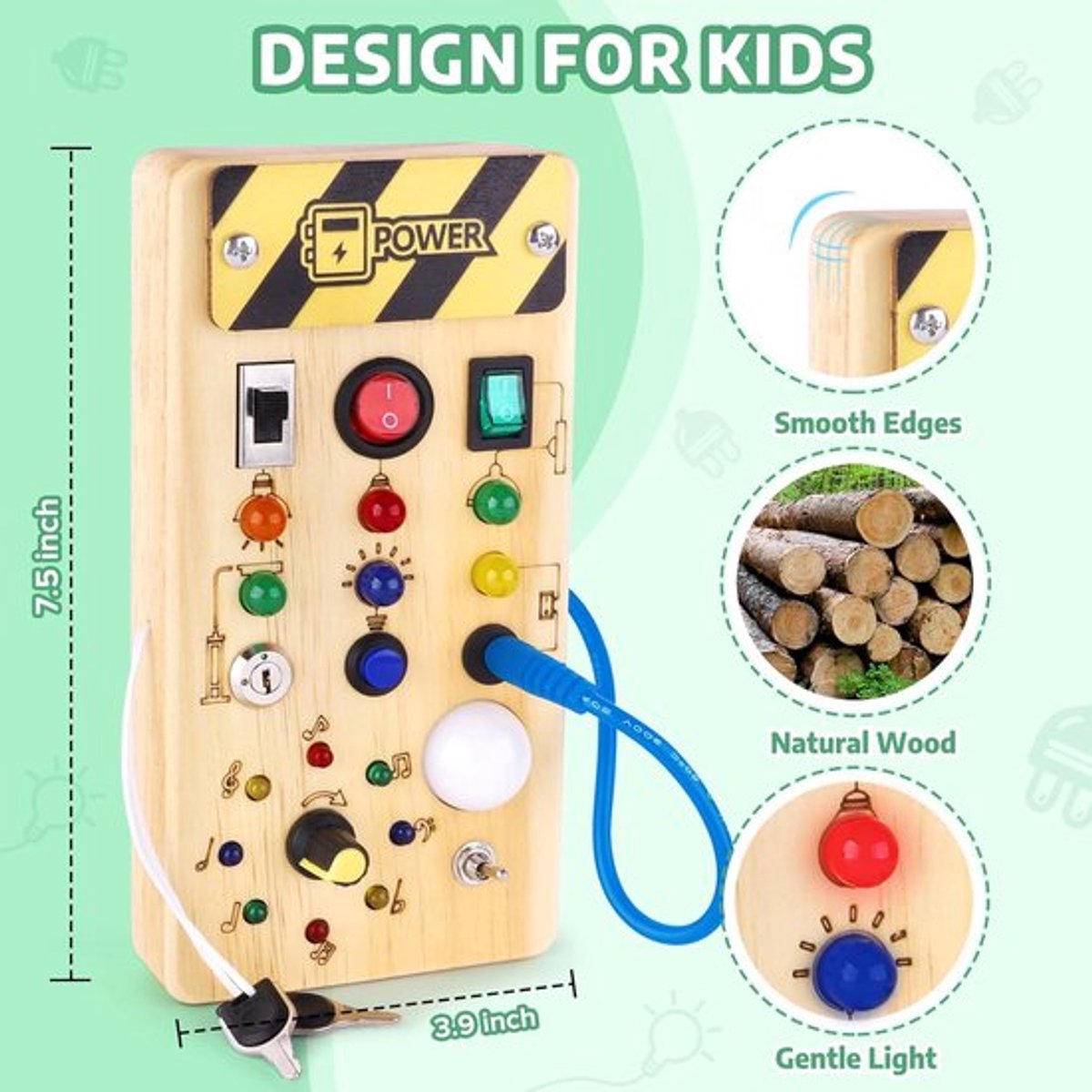 Montessori Busy Board met LED Lichtjes - Houten Activiteitenbord - Educatief Speelgoed 1 Jaar, 2 Jaar, 3 Jaar - Sensorisch Reisspeelgoed voor Peuters - Motoriek Speelgoed — afbeelding 6