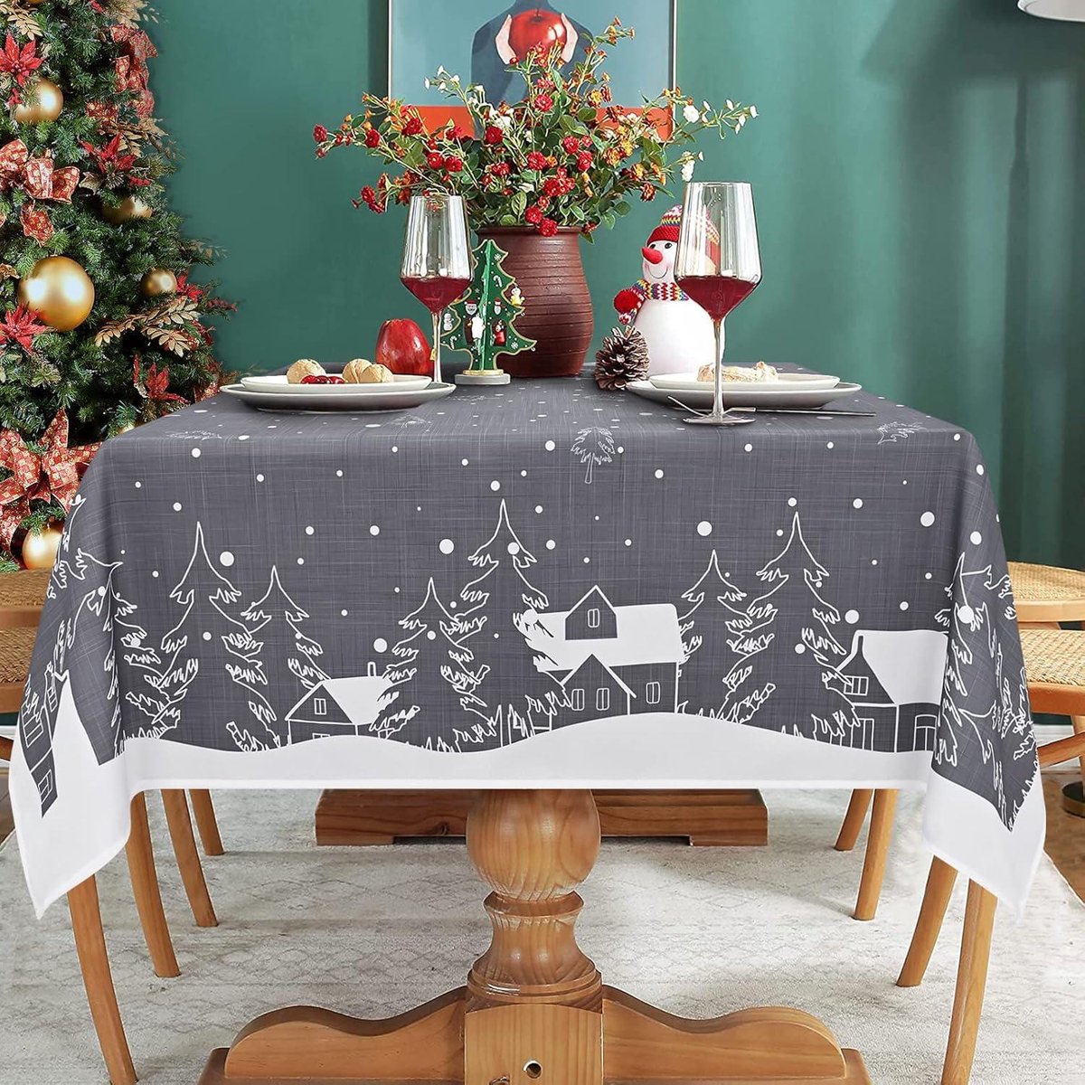 Tafelkleed voor kersttafel, grijs, waterdicht en afwasbaar, vierkant 140 x 140 cm