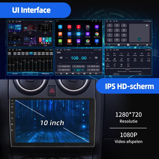 Interface van de autoradio met verschillende menu's en een 10 inch IPS-scherm.