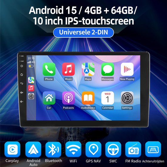 Autoradio met 10 inch IPS-touchscreen, Android 15, 4+64GB, CarPlay en Android Auto.