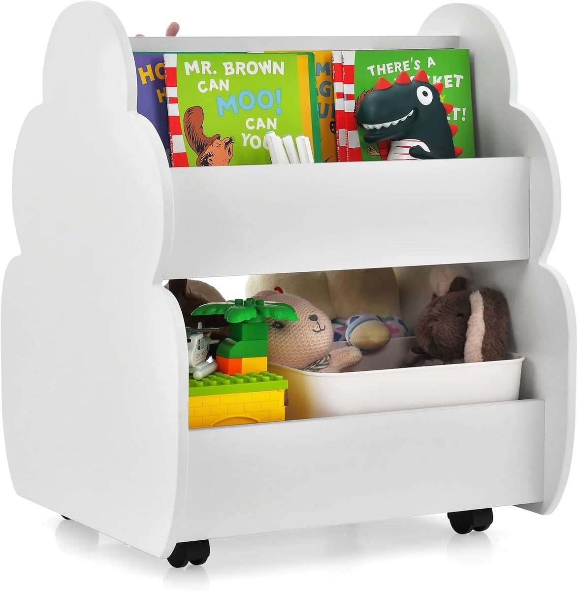 KOMFOTTEU Boekenkast voor kinderen met wielen, staand rek van hout, grenenhouten haken en boomvormig uiterlijk, 2-traps speelgoedrek voor speelkamer, kinderkamer en kleuterschool (wit)